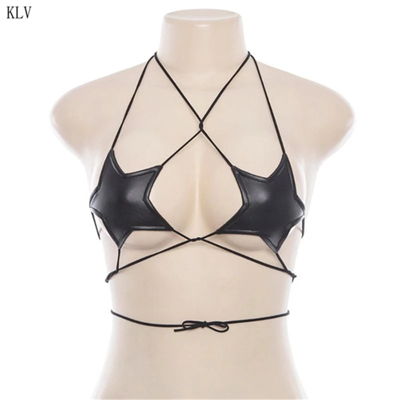 Womens Sexy Glitter Reflective Five-Pointed Star Bra Strappy Bandage Halter Top Bralette Nightout Clubwear Metallic Bustier Part