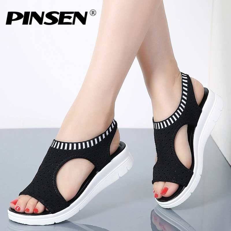 PINSEN Women Sandals 2020 New Female Shoes Woman Summer Wedge Comfortable Sandals Ladies Slip-on Flat Sandals Women Sandalias