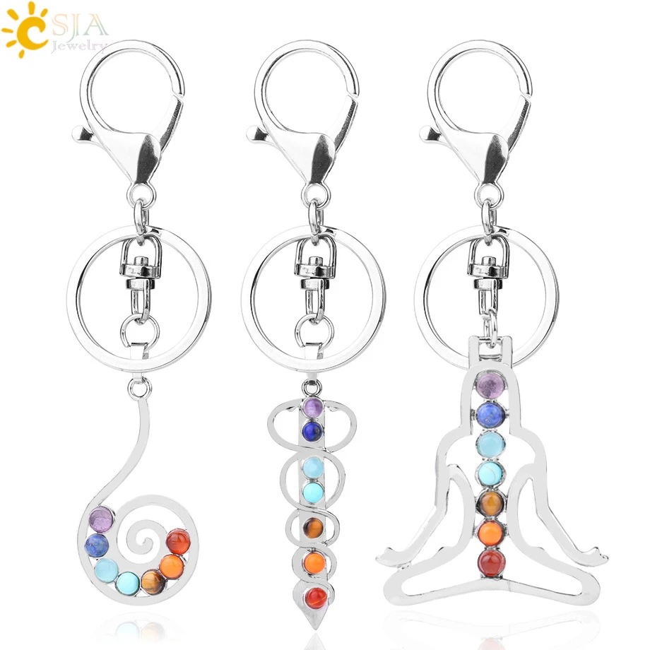 CSJA Reiki 7 Chakra Stones Keychain Tree of Life 3D Symbol Love Heart Pendants Amulet Yoga Healing Bead Key Chain for Women F729