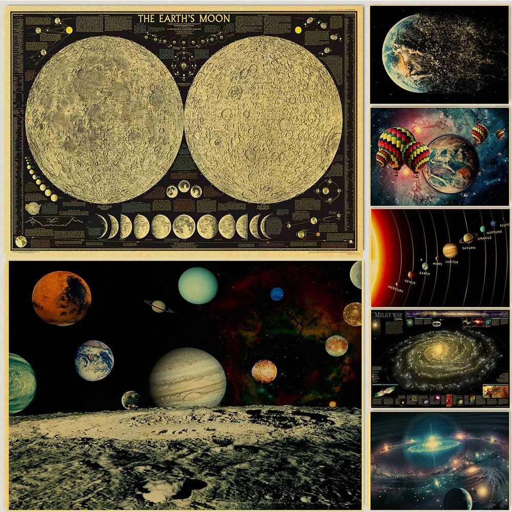 New Vinate Nine Planets In The Solar System Poster Coffee Bar Room Decor Living Room Retro Kraft Paper Wall Sticker Art Painting