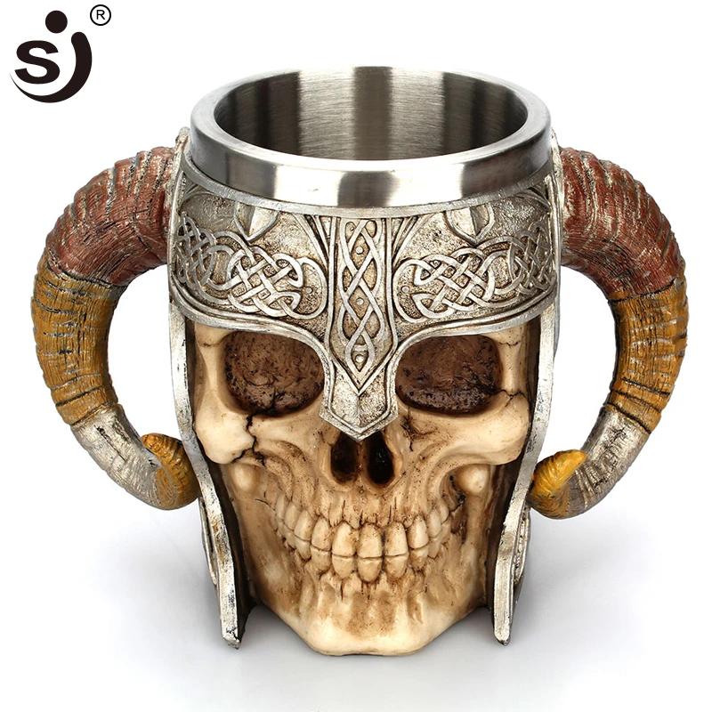 SJ  Double Stainless Steel Skull Mug Beer Stein Tankard Coffee Mug Tea Water Cup Knight Helmet  Halloween Bar Drinkware Gift