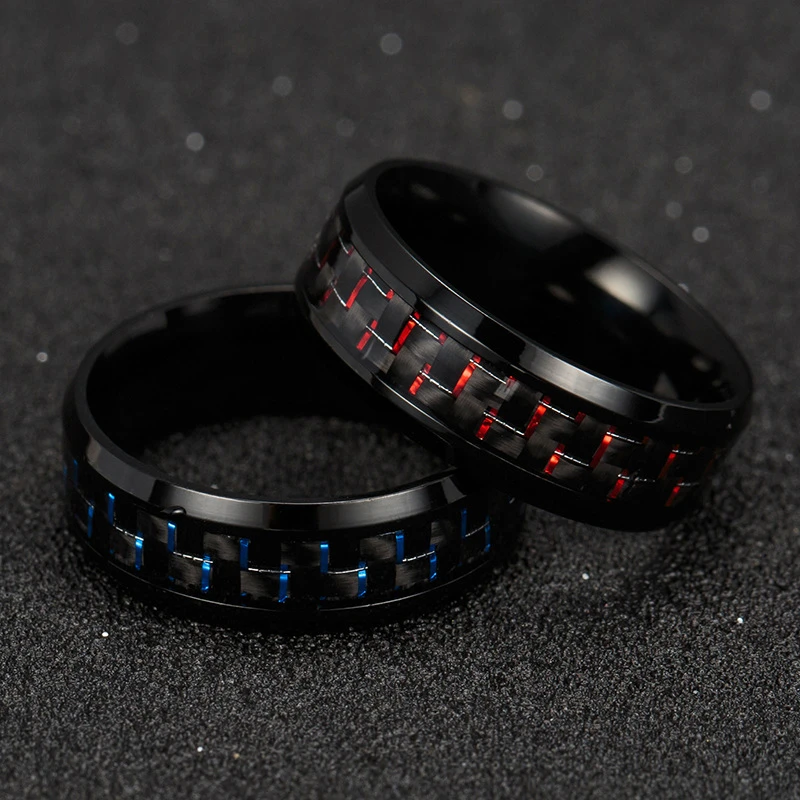 2020 Titanium Steel Black Carbon Fiber Rings Fashion Red Blue Ring Anel Masculino Mens Cool Jewelry