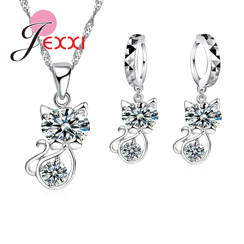 925 Sterling Silver Cubic Zirconia Wedding Jewelry Sets AAA CZ Crystal  Cute Animal Cat Necklace Earrings Women Collar