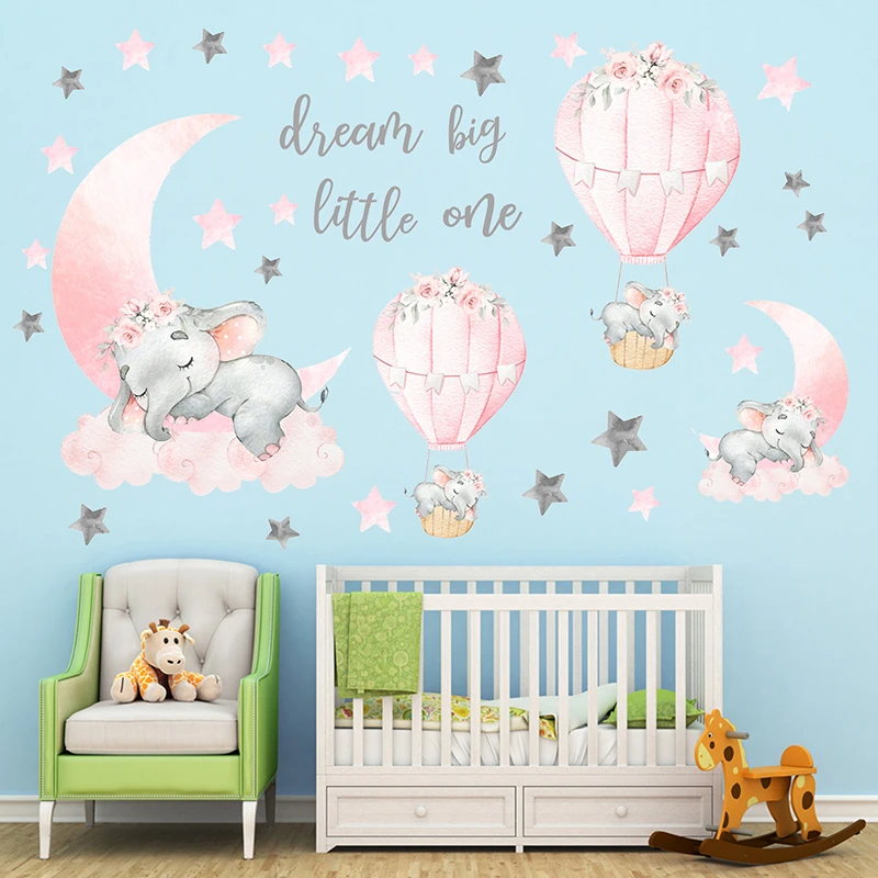 Cute Sleeping Elephant Wall Stickers Children Kids rooms Nursery Decor Kindergarten Home Decorative Hot air Balloon Vinyl Decals