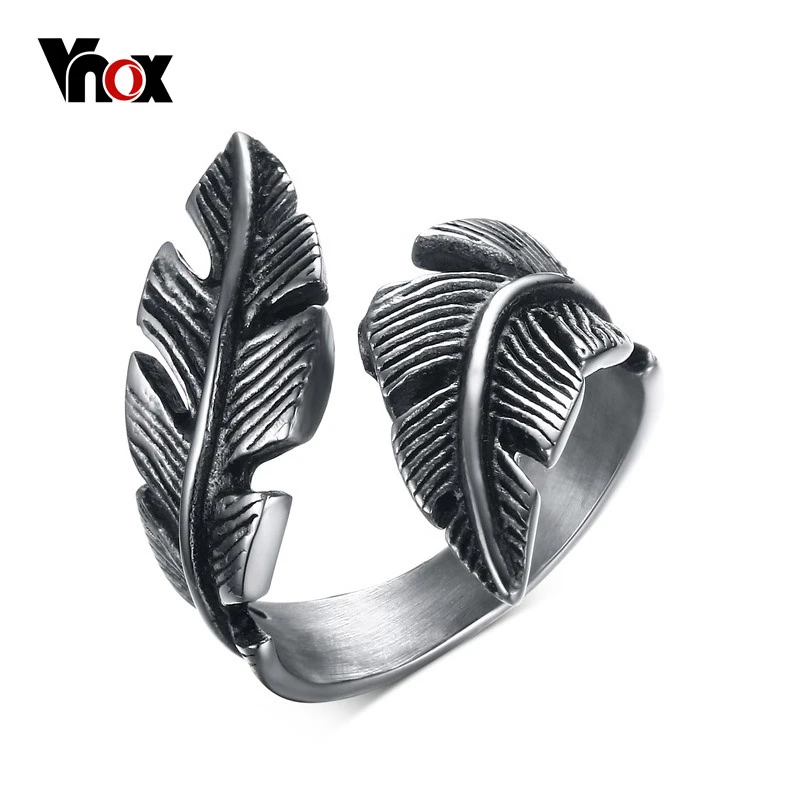 Vnox Vintage Feather Ring Men Jewelry Stainless Steel Biker Style Hand Polishing US Size 7 8 9 10 11 12