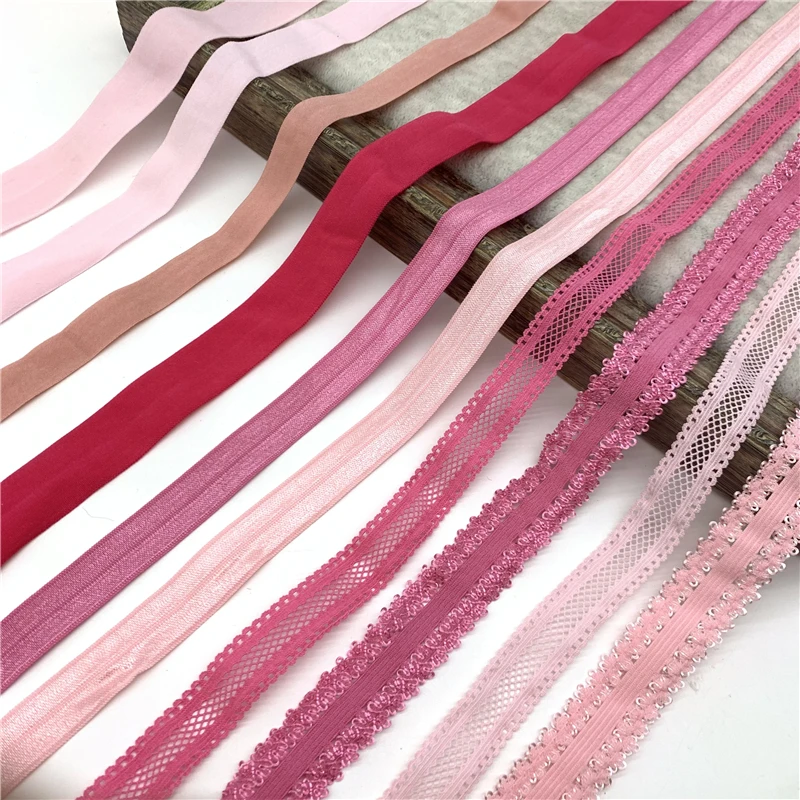 10/15/20/25mm 5yards Pink Elastic Ribbon Fold Over Spandex Elastic Band For Sewing Lace Trim Waist Band Garment Accessory