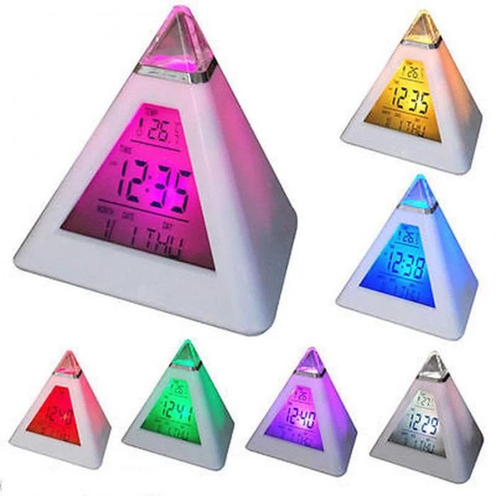 Digital LED Alarm Clock 7 Colors Changing Night Light Time Temperature Display Pyramid Shape Desk Clock