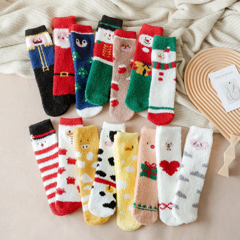 Coral Fleece Socks Half Fleece Women's Socks Christmas Socks Korean Thick Warm Couple Socks Cute Cartoon Snow Socks Women's Sox
