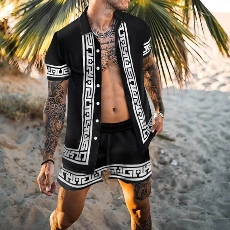 2021The New Fashion Men's Trip Hawaiian Beach Style Digital Print Cardigan Short Shirt Jogging Digital Print Shorts 2 Piece Suit
