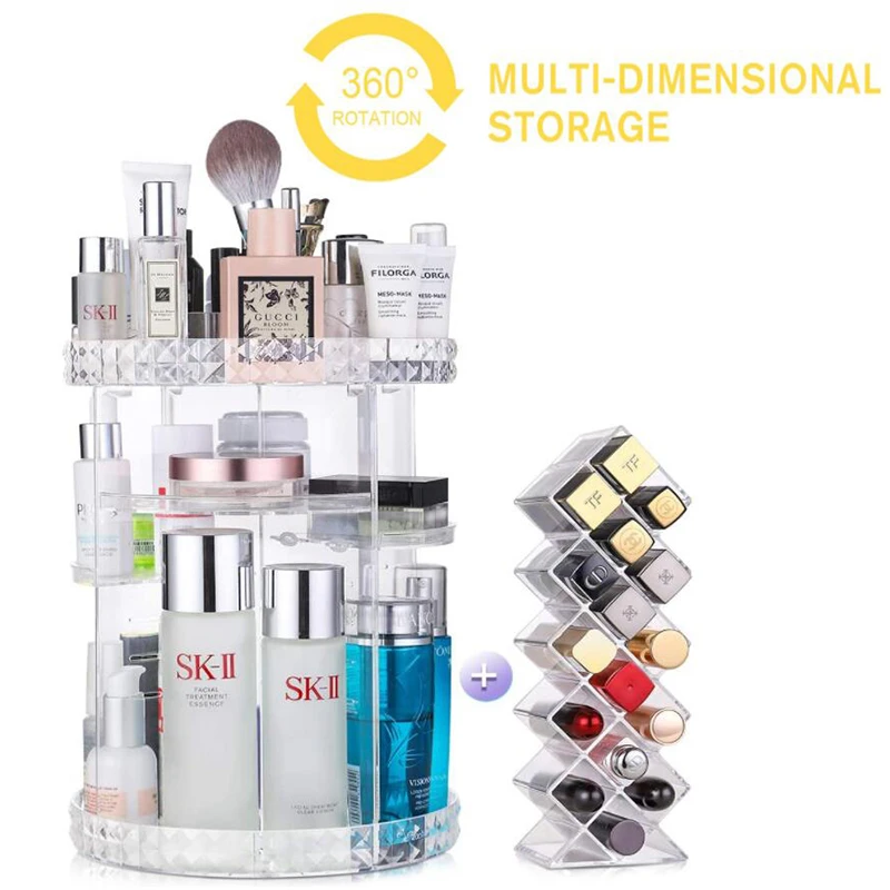 360 Degree Rotating Cosmetic Storage Box Makeup Organizer Makeup Brush Holder Lipstick Display Large Adjustable Multilayer