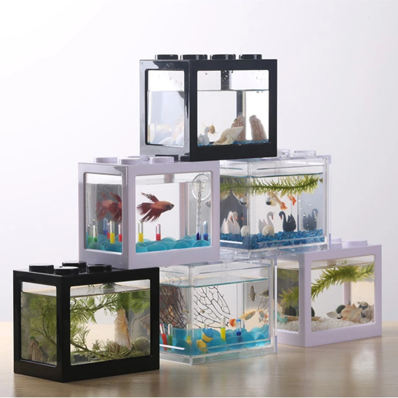 Mini Fish Tank Reptile Pet Box Stackable Aquarium Creative Building Block Fish Cylinder Landscape Seawe for Office Decoration