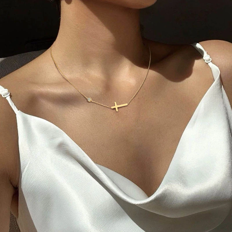 Delicate Petite Sideway Cross Necklaces Pendant Women Stainless Steel Thin Chain Link Christian Jewelry