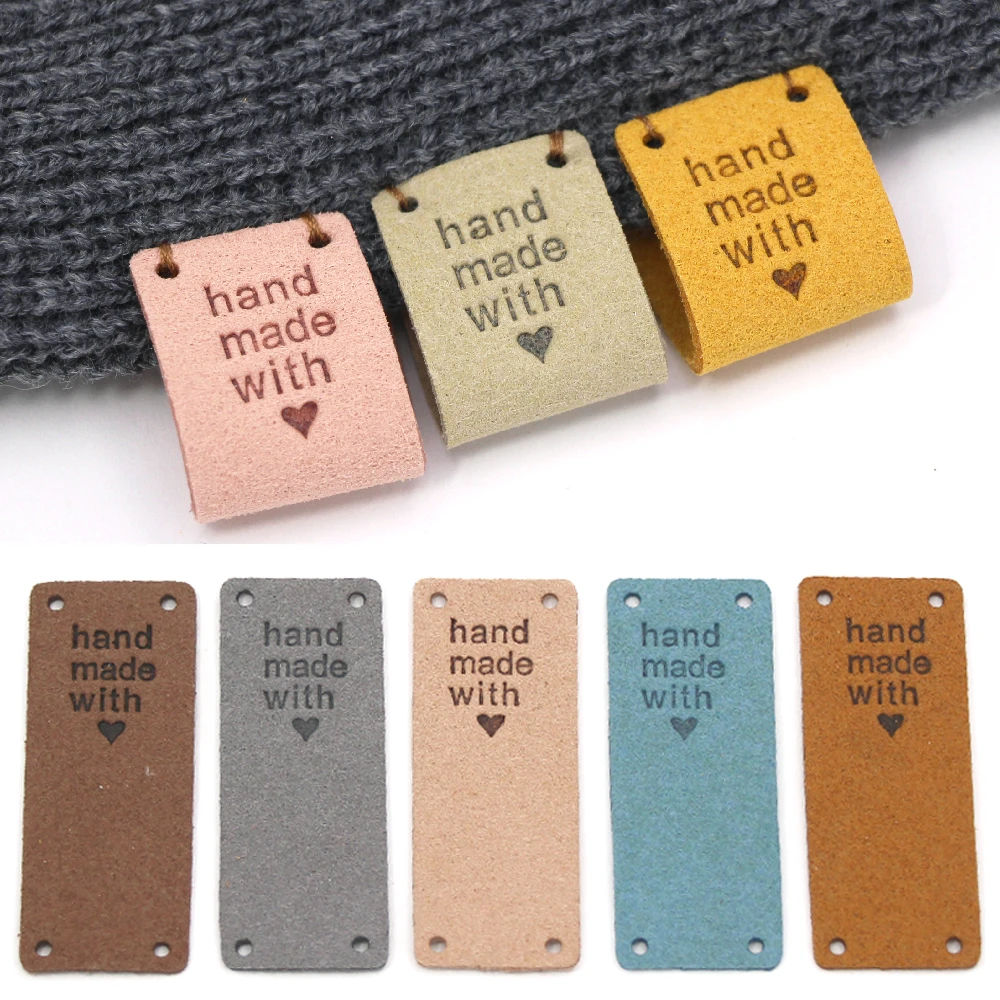 20Pcs Fiber Leather Tags For Handmade With Love Labels For Clothes Sew Label Hand Made Tag For Hats Knitted Garment Accessories