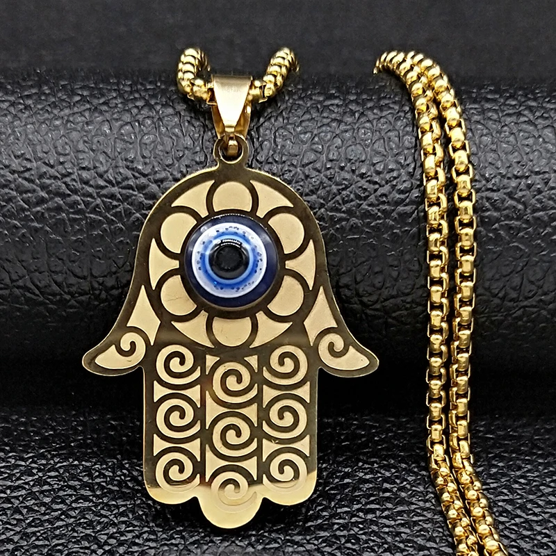 2021 Blue Eyes Hamasa Hand Stainless Steel Statement Necklace Women Gold Color Big Necklace Jewelry collares mujer N1206S02