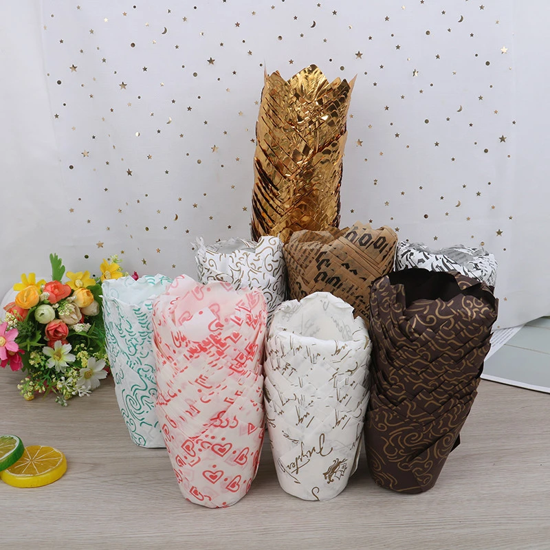 50pcs Newspaper Style Cupcake Liner Baking Cup For Wedding Party Caissettes Tulip Muffin Cupcake Paper Cup Oilproof Cake Wrapper