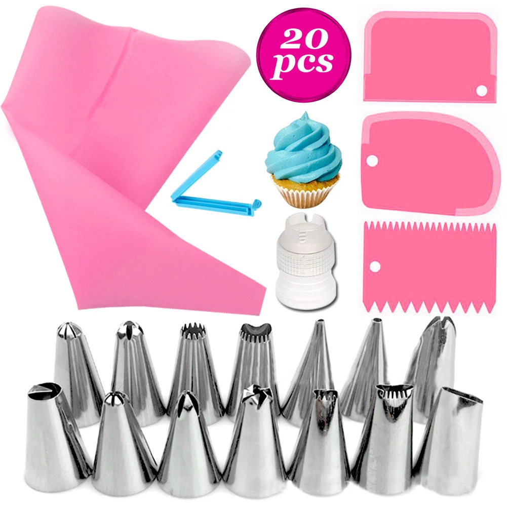 20 PCS/Set Silicone Pastry Bag Tips Kitchen DIY Icing Piping Cream Reusable Pastry Bags +14 Nozzle Set Cake Decorating Tools