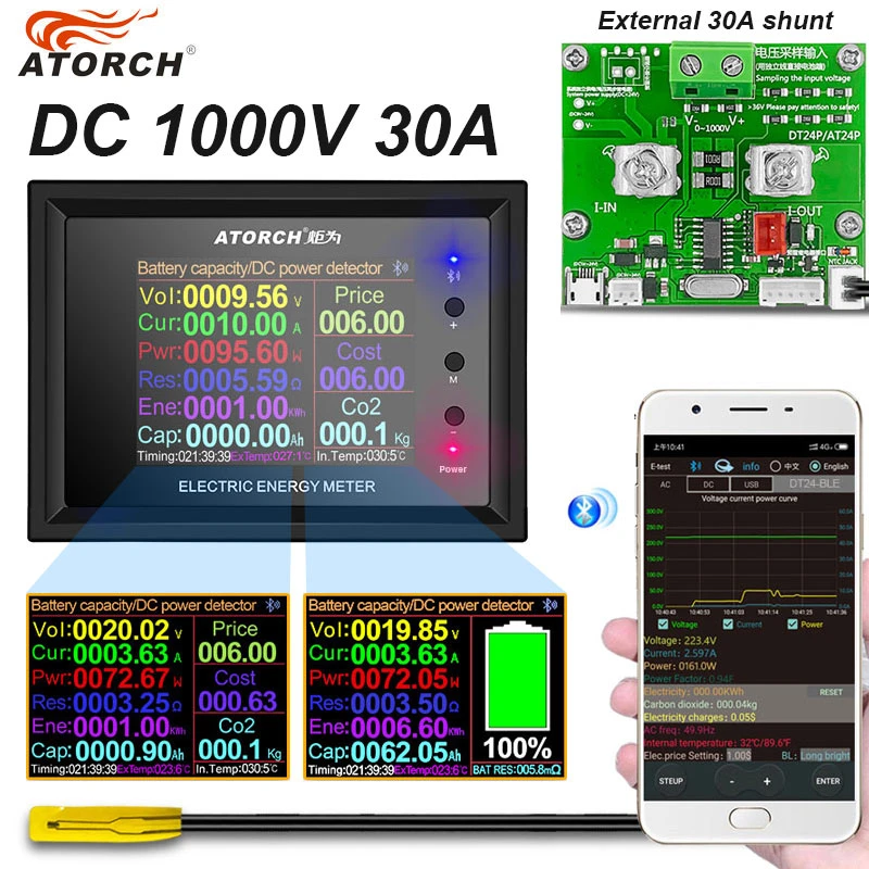 DT24P DC0-1000V 30A DC Power Supply Voltmeter Ammeter Battery Coulometer Capacity Amp Tester Battery Fuel Gauge Meter