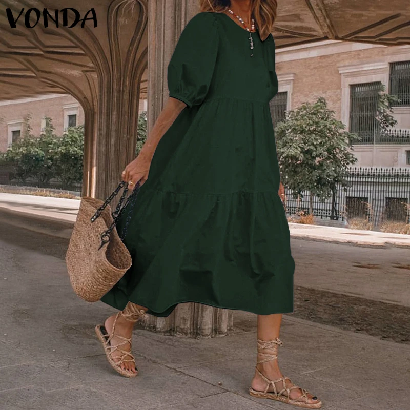 Summer Dress Elegant Party Mid-Calf Dress 2021 VONDA Women'Summer Sundress Bohemian Beach Sundress Casual Vestido