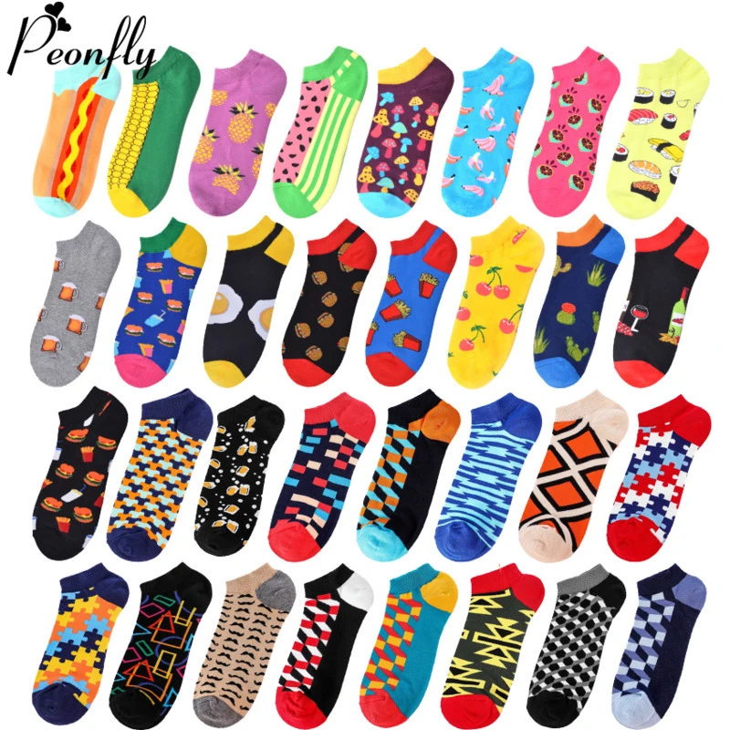 Slippers Socks Men Invisible Novelty 2020 Spring Summer Happy Funny Hamburger Cactus Ankle Combed Cotton Boat Socks Peonfly