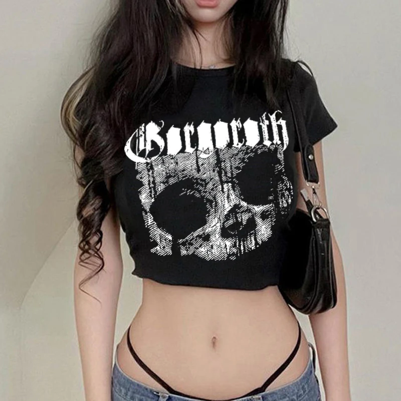 Vintage short sleeve T-shirt 90s Gothic Harajuku print pattern croptop skeleton Skull punk streetwear aesthetic female mujer top
