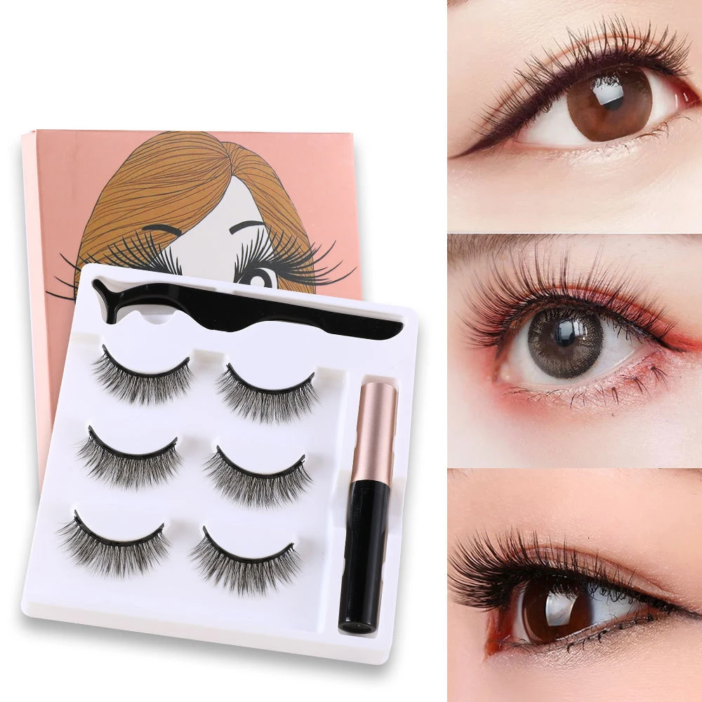 Makeup 3 pairs of magnetic eyelashes + liquid eyeliner + tweezers, waterproof long lasting eyelash extension eyelash set