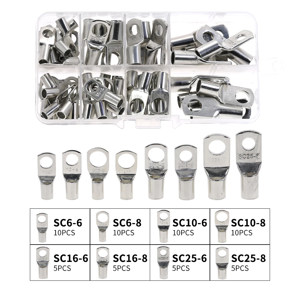 60pcs Bolt Hole Tinned Copper Cable lugs Battery Terminals set Wire terminals connector SC10-6 SC16-8 SC25-8