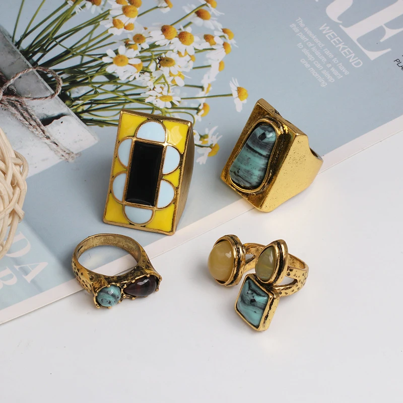 New Vintage Geometric Pattern Stone Ring Crack Personality Signet Rings For Women Men Fashion Jewelry Party Gift wholesale