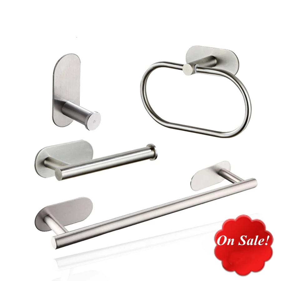 Stainless Steel Silver Bathroom Hardware Set Towel Rack Toilet Paper Holder Towel Bar Hook Bathroom Accessories Don't  Drilling