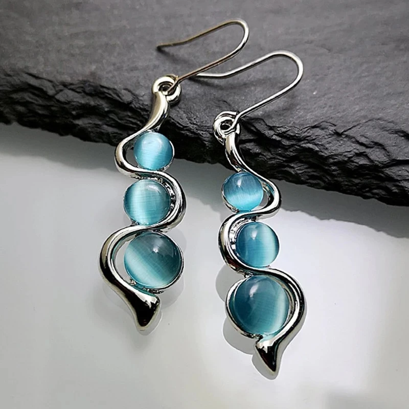 New Retro Blue Opal Earrings Female Long Jewelry Bohemian Curve Beaded Earrings Resin Stone Earrings Jewelry