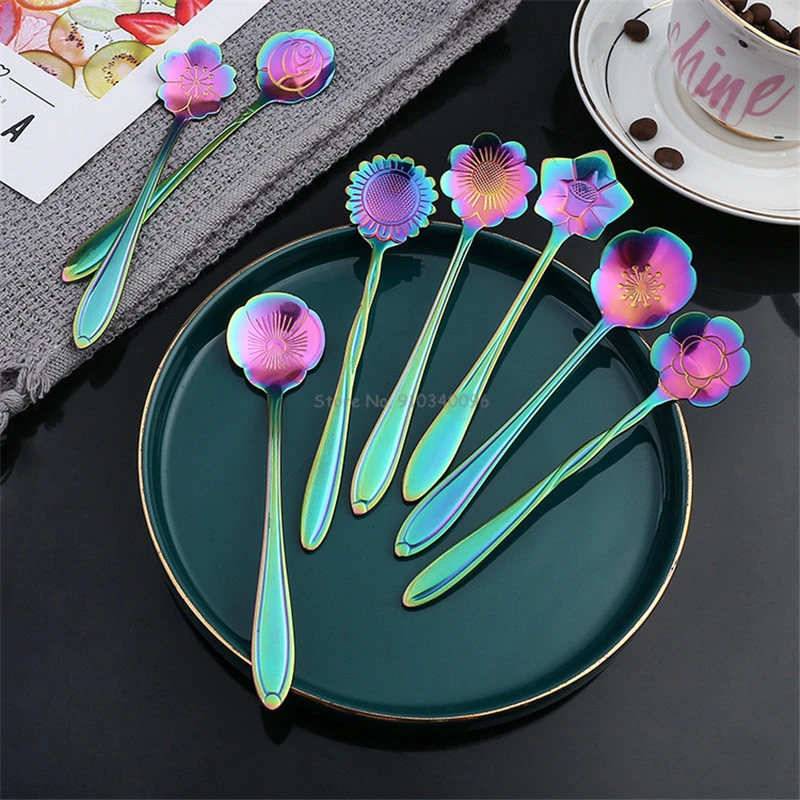 8Pcs Creative Coffee Spoon stainless steel Colorful Stirring Milk Teaspoon Dessert Ice Cream Spoon Tableware Flowers Design