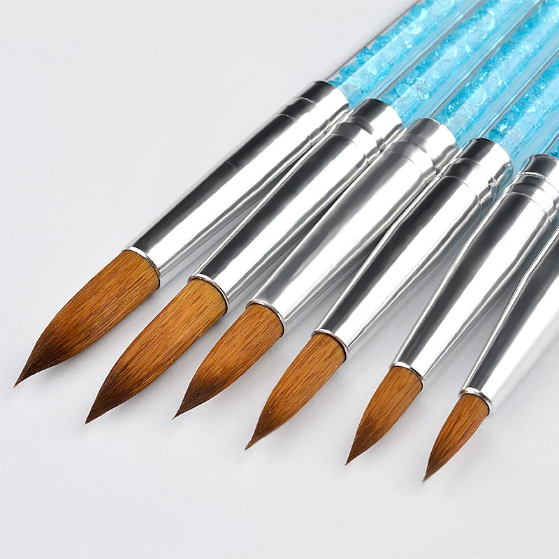 6Pcs/set Nylon Hair Nail Brush Blue Rhinestone Handle Kolinsky Acrylic Brush Pen Nail Gel Carving Building Dotting Drawing Tools