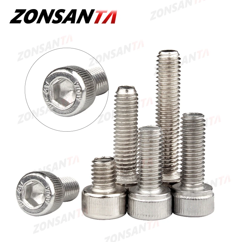 ZONSANTA Hexagon Hex Socket Cap Head Bolt M1.4 M1.6 M2 M2.5 M3 M4 M5 M6 M8 304 Stainless Steel DIN912 Allen Socket Head Screw