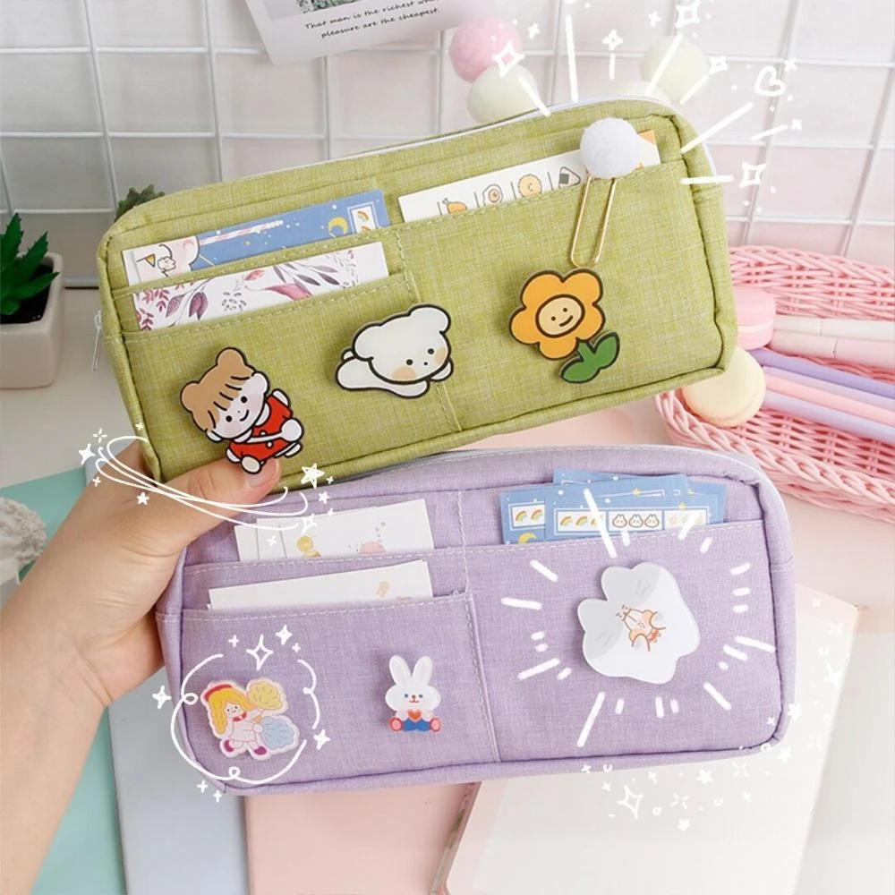 MINKYS Kawaii Waterproof Canvas Big Capacity Brooch Pencil Case Cute Pencilcase Pouch Bag Kids Gift School Stationery