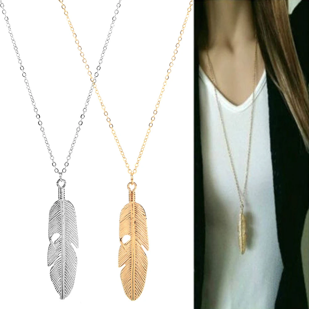 Fashion Feather Necklaces for Women Long Sweater Chain Jewelry Gifts Leaf Pendants Chocker Necklace Bijoux