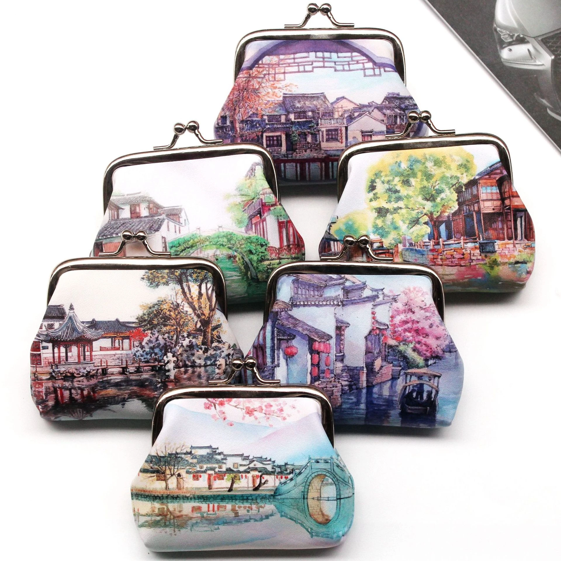 Vintage Cute Women Printing ancient town hasp coin Wallet Ladies change Purse Female Clutch mini money Bag PU Leather Carteira 5