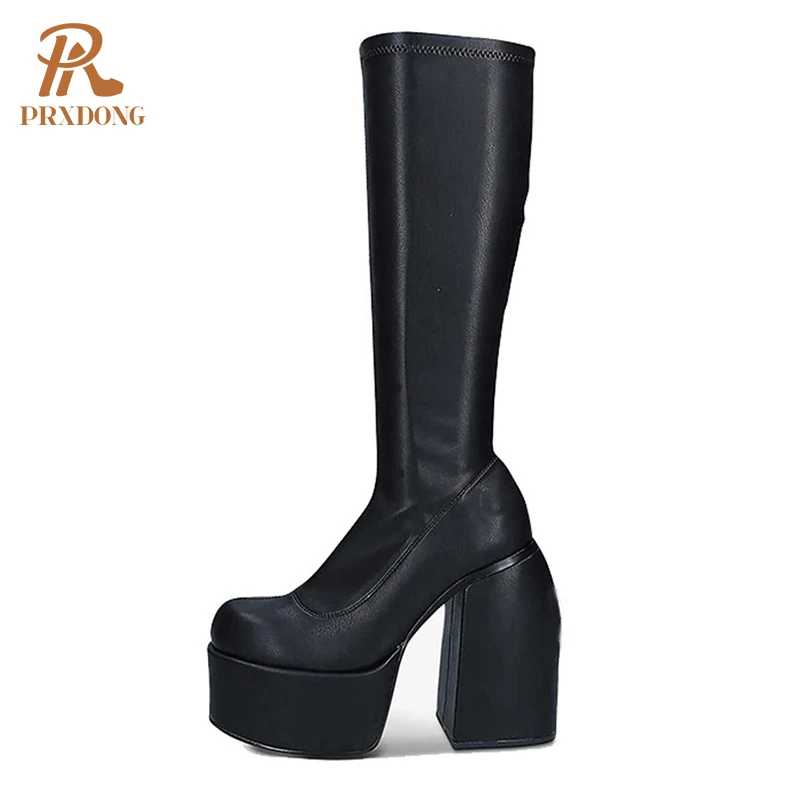 punk style autumn winter platform long knee high boots women 2021 Stretch boots Leather Thick High Heel Black Plus botas de muje