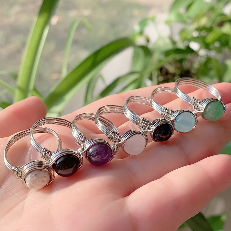 Wire Wrapped Crystal Rings Reiki Healing Stone Natural Amethysts Agates Pink Quartz Fashion Women Rings Party Wedding Jewelry