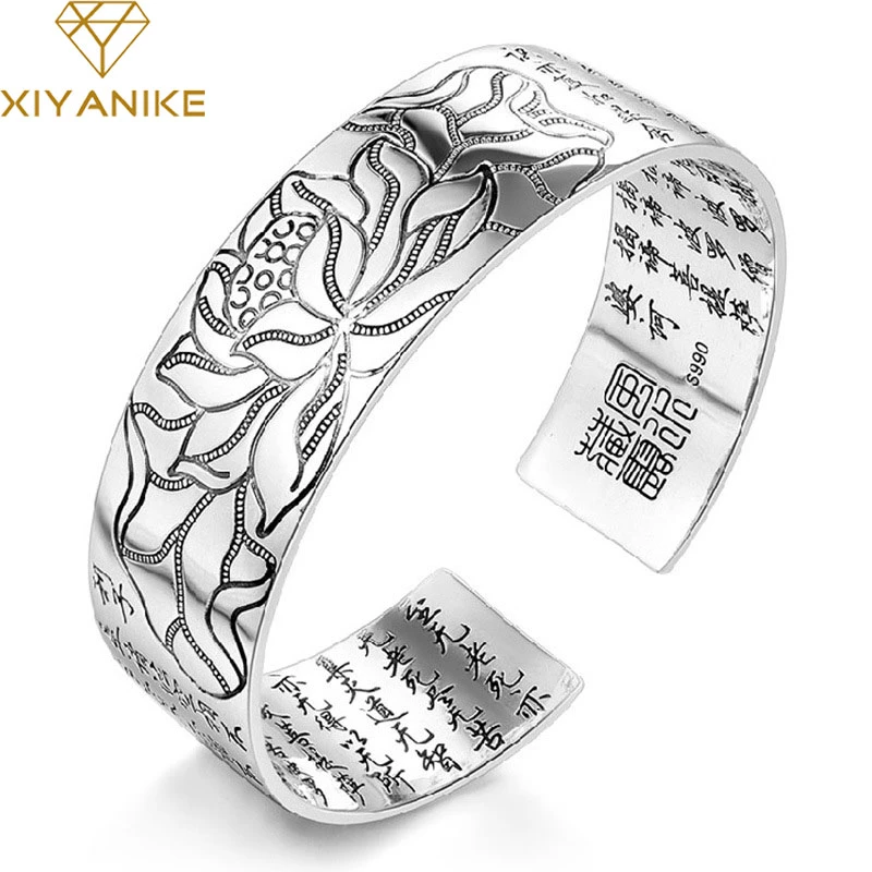 XIYANIKE 925 Sterling Silver Vintage Elegant Lotus Flower Cuff Bracelet Thai Silver Religious Jewelry for Women Size Adjustable