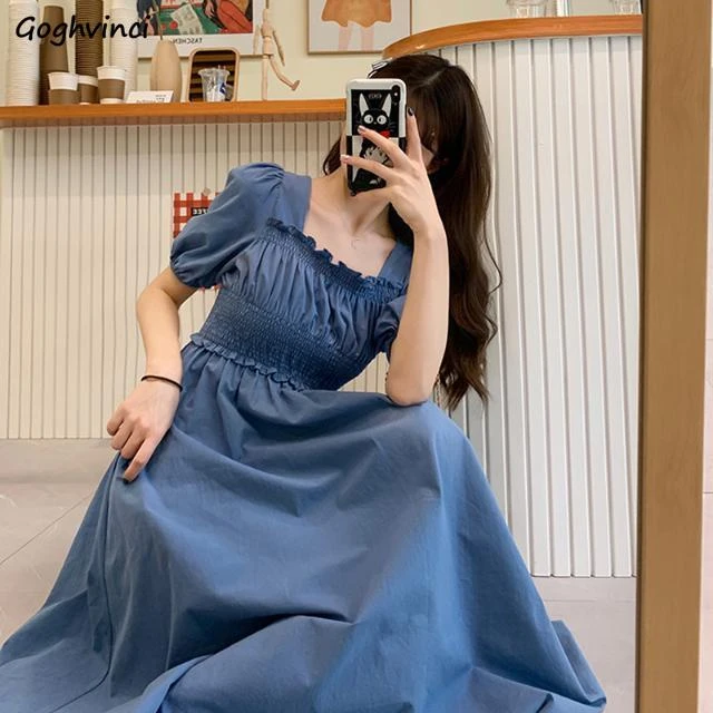 Short Sleeve Dress Women Summer Solid Pleated Square Collar Mid-calf Elegant Korean Simple Leisure Loose Preppy Womens A-line BF