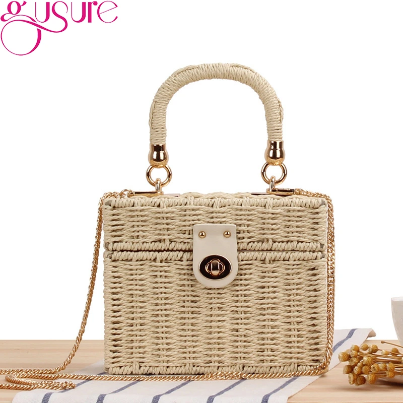 Gusure Women Summer Bali Rattan Box Bags Square Straw Crossbody Bag Lady Handmade Woven Beach Bohemia Wicker Handbags Purse