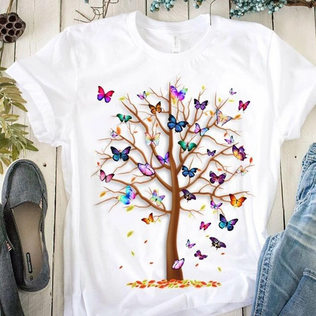 Woman Butterfly Tree Print Harajuku Summer Tshirts Casual Round Neck Short Slee Top Tee Shirt,Drop Ship