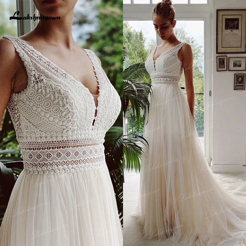 vestido de novia Boho Wedding Dresses 2021 V Neck Beach Lace Bridal Wedding Gowns Elegant Bohemian Tulle A Line Bridal Dress