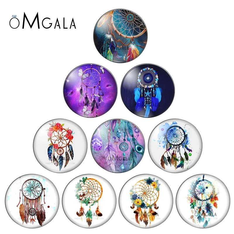 OMGALA 10pcs/lot Colorful Dream Catcher Feather 12mm/20mm/25mm Round Glass Cabochon Photo Demo Flat Back Making Findings