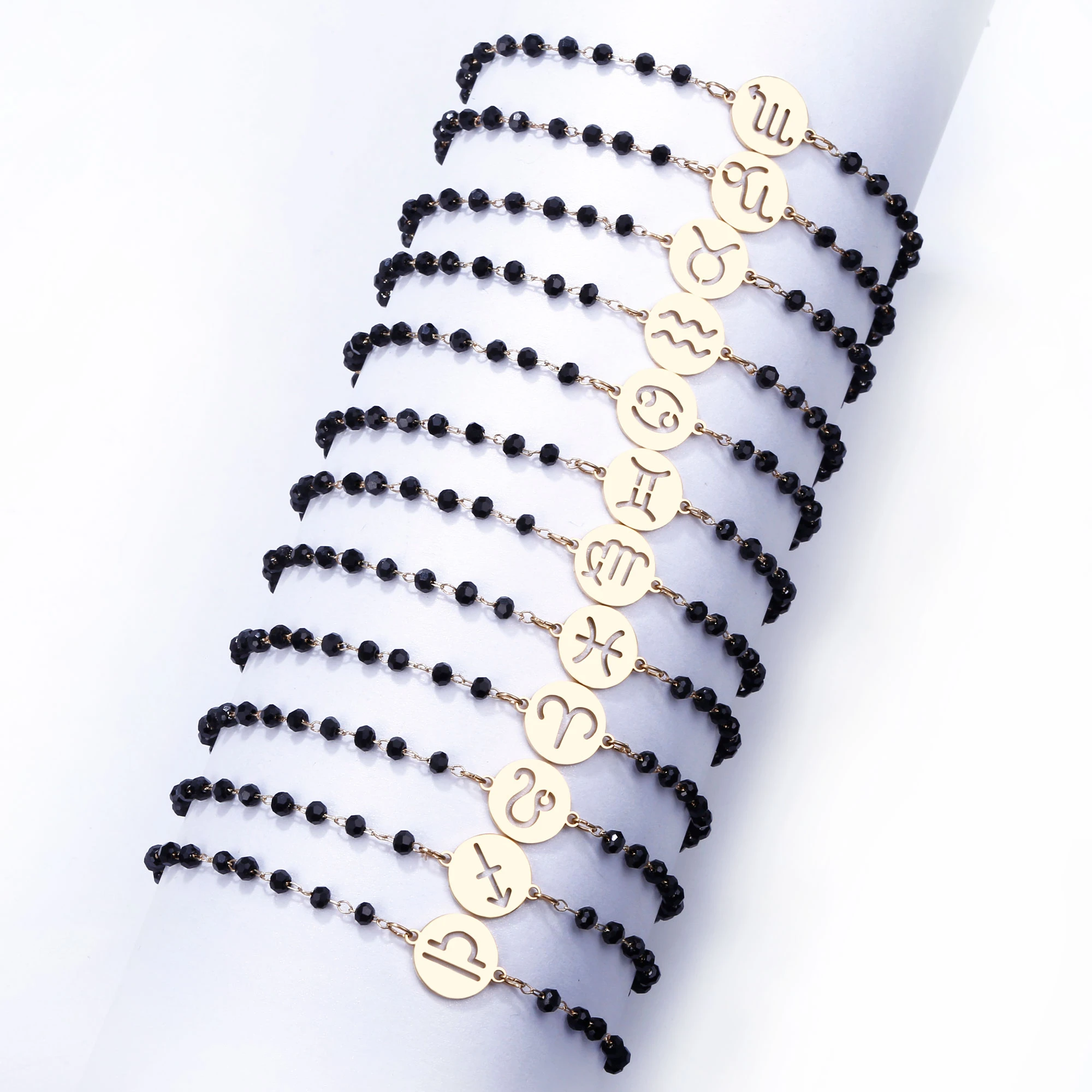 Stainless Steel Round Hollow 12 Constellation Zodia Sign Bracelet For Women Crystal Beads Chain Bracelet Gold Fashion Jewelry