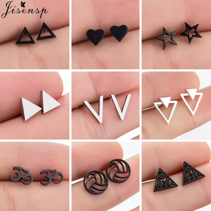 Multi Cute Geometric Earings for Women Men Punk Black Triangle Star Stainless Steel Stud Earrings Fashion Ear Piercing Jewelry