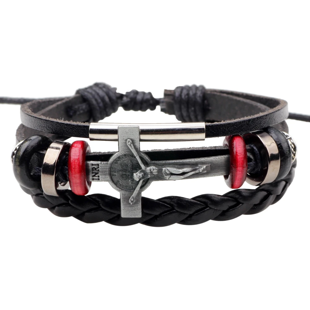 Punk multi-layer Jesus cross leather bracelet men's fashion woven bracelet bracelet Suitable for men's multi-layer hand-braided