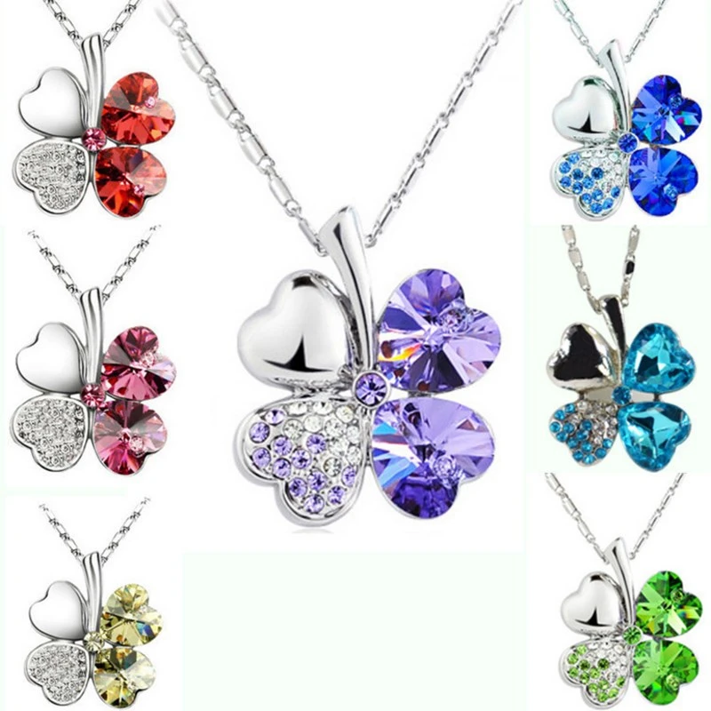 Fashion Charm Female Assembly Jewelry Quality Austrian Silver Plated Crystal Four-Leaf Clover Heart-Shaped Rhinestone Necklace