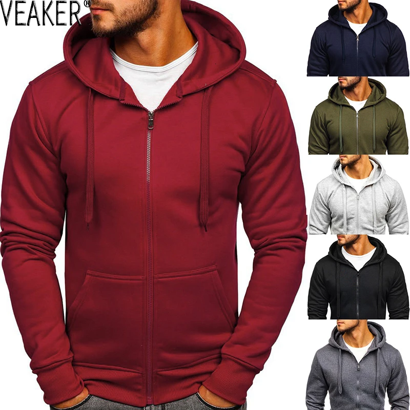 2021 New Men's Casual Zipper Hoodies Sweatshirts Male black Green Solid Color Hooded Outerwear Tops S-2XL