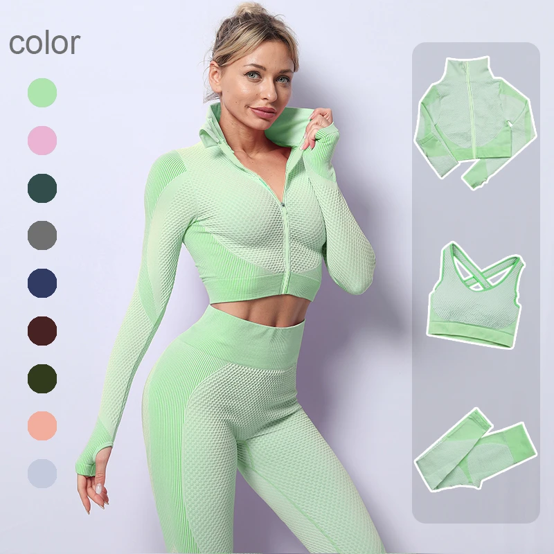 2/3PCS Seamless Women Yoga Set Workout Sportswear Gym Clothing Fitness Long Sleeve Crop Top High Waist Leggings Sports Suits