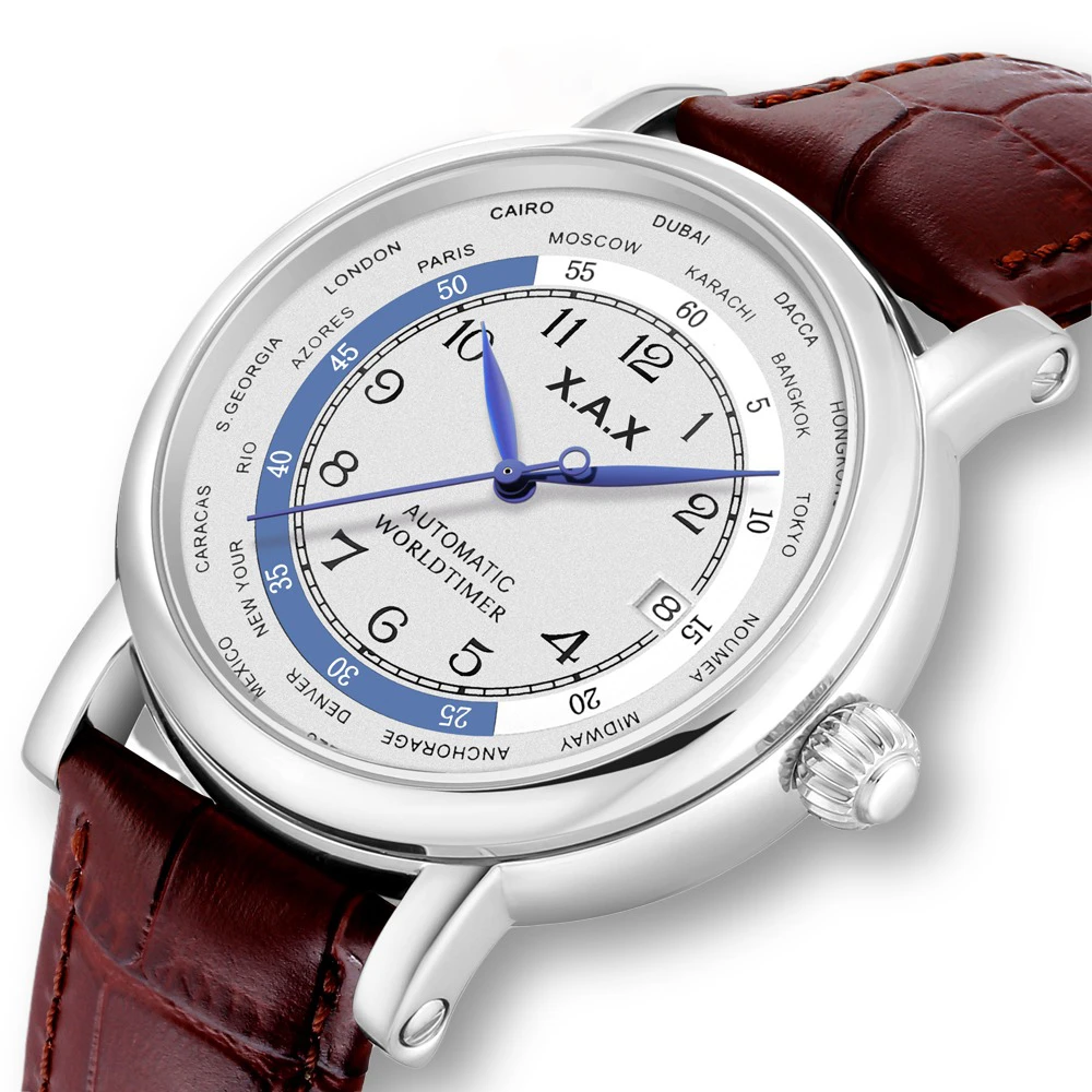 Worldtimer Automatic Men Watches Self-Wind Stainless Steel Mechanical Wristwatch Male Waterproof Huge Size Automatikuhr